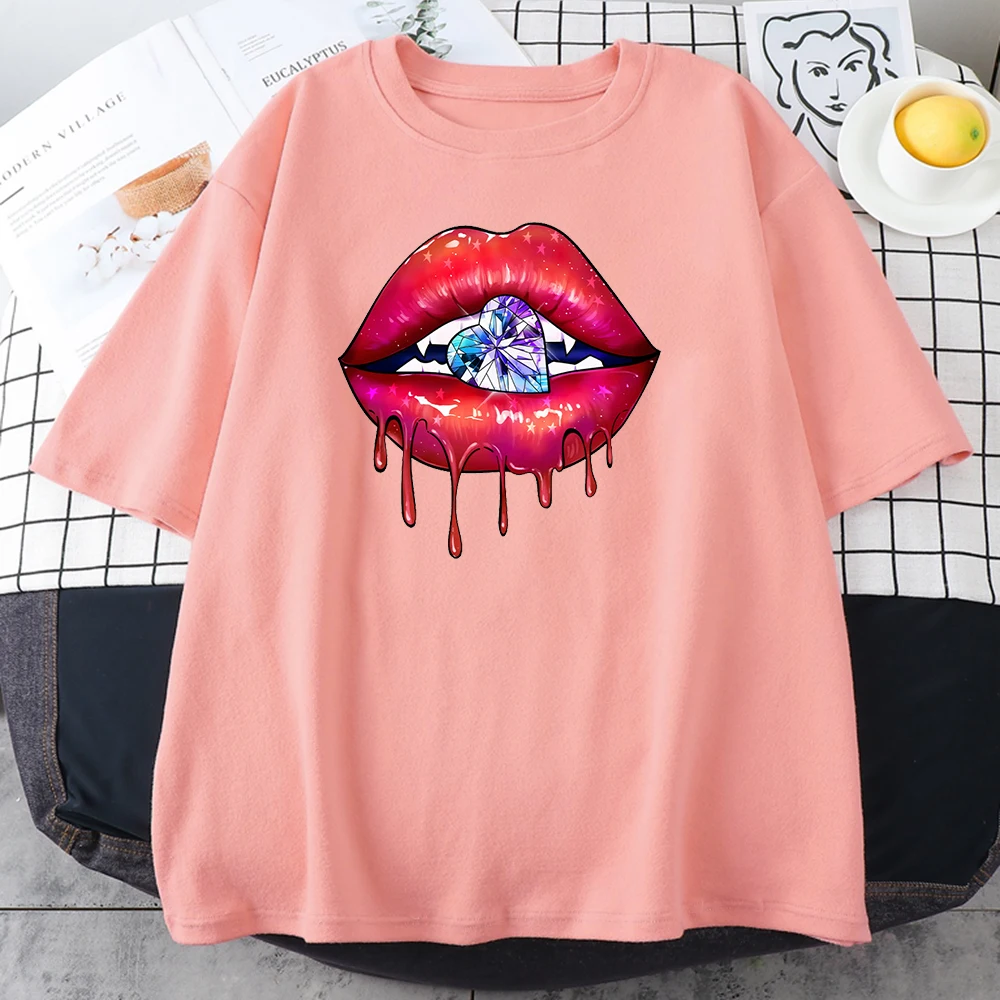 Женские футболки с принтом больших красных губ и бриллиантов винтажные S Xxxl