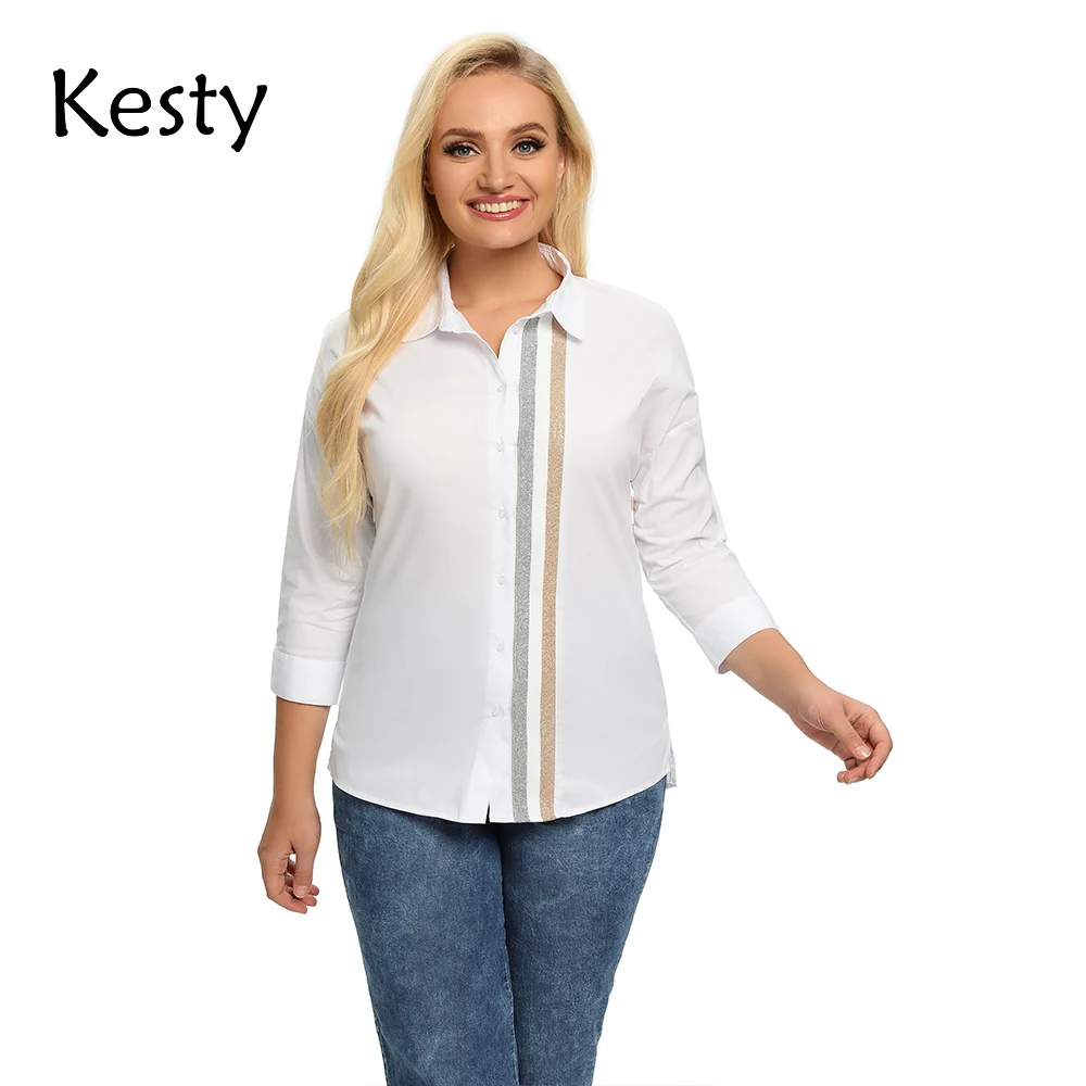 

KESTY Women's Plus Size Spring Cotton Shirt With Elastic Lapel Tie Button With Sequin Casual Top
