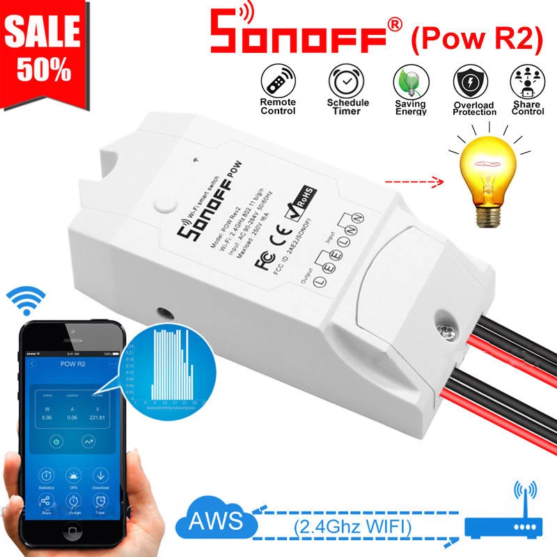 

SONOFF POW R2 15A Ewelink APP Wifi Switch Controller Real Time Power Consumption Monitor Measurement Google Alexa