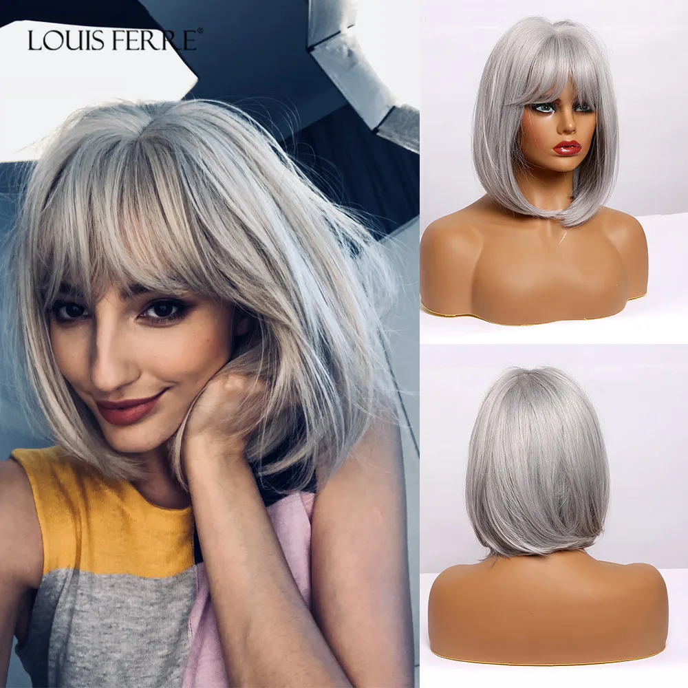 

LOUIS FERRE Gray Ash Silver Wigs with Bangs Short Straight Cosplay Bobo Synthetic Wig for Black Women Heat Resistant Cute Fibre