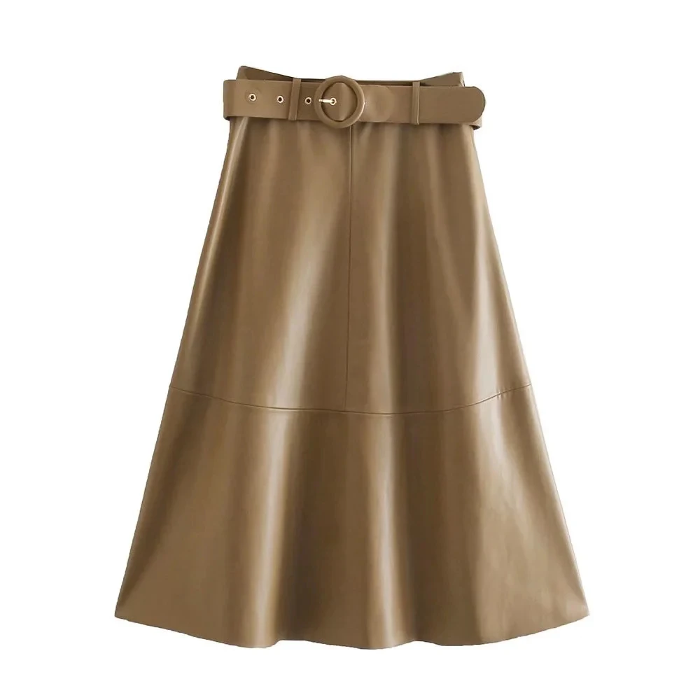 

XEASY 2021 New Women Elegant Vintage PU Casual Leather Skirt Female Fashion Streetwear Sashes Loose Hight Waist Midi Skist