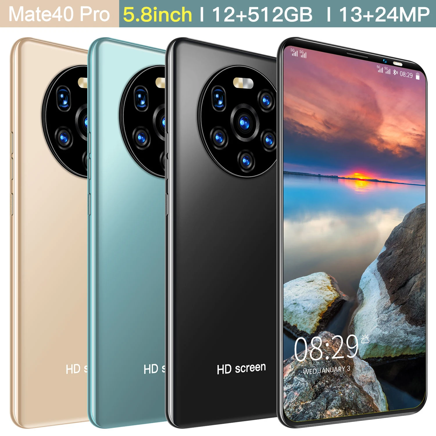 

Mate40 pro Smartphone 5.8Inch Dual SIM 5G 13MP+24MP HD Camera Face Wake 4800mAh Android 11 12GB+512GB Global Version CellPhone