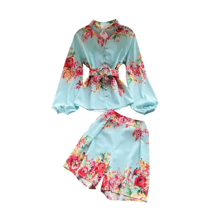 

2021 Summer Autumn Two Piece Set Print Long Sleeve Blouse and High Waist Shorts with Sash Loose Shirt Tops Elegant Short Suits