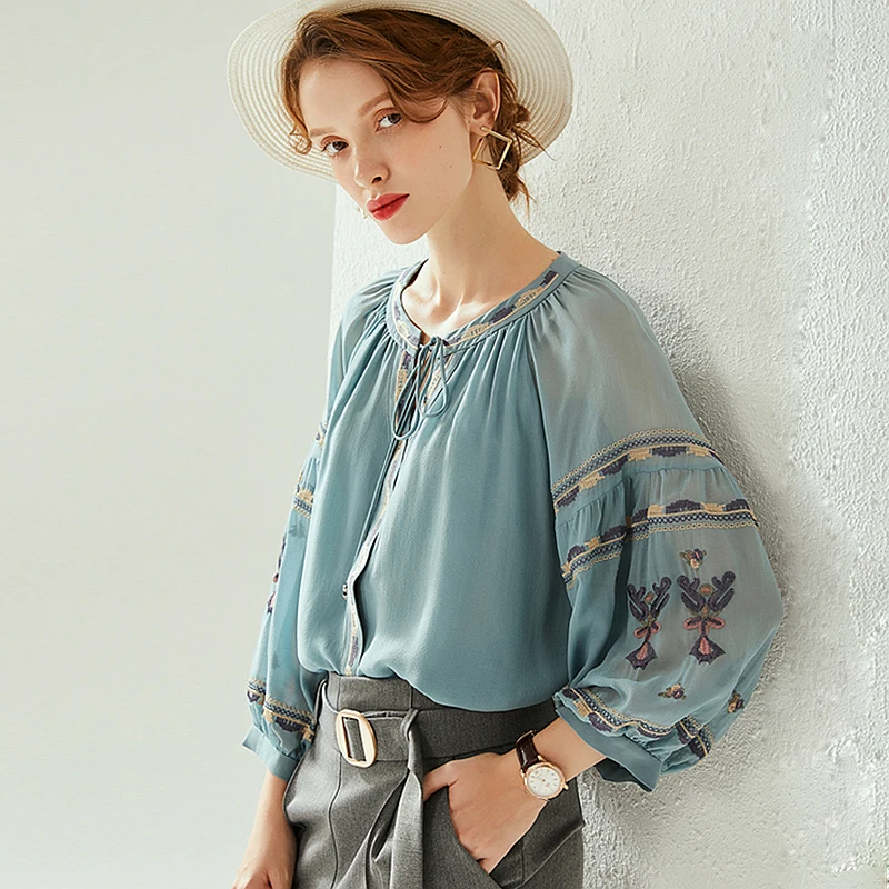 100% Silk Blouse Women Blue Vintage Embroidered Silk Shirt Silk Heavy Industry Embroidery Elegant Casual Top New Fashion