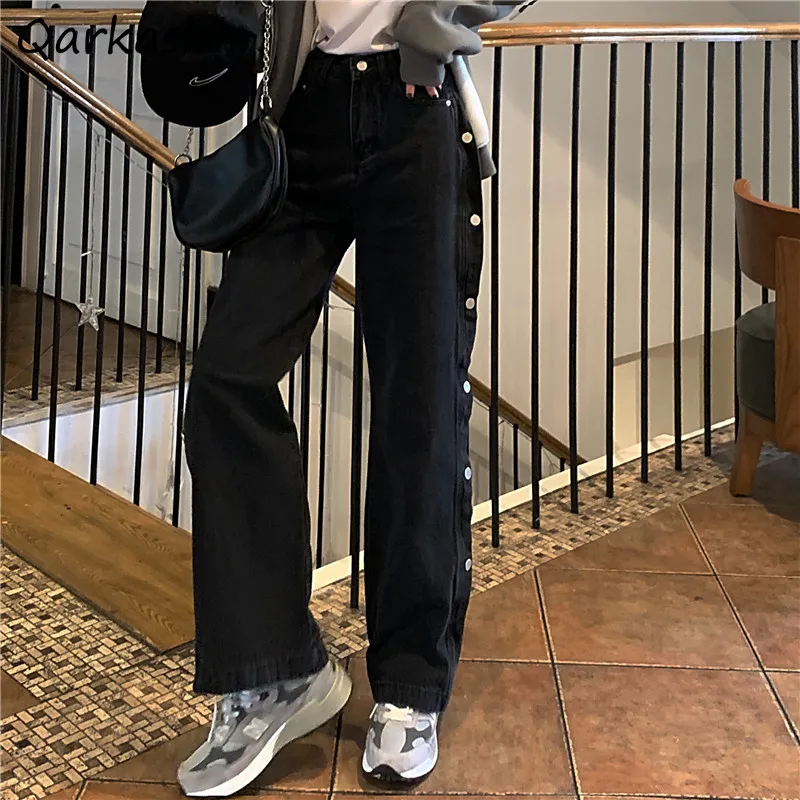 

Jeans Women Black Mom Jean High Waist Wide Leg Single Breasted Design Vintage Full Length Baggy Trousers Fashion Spring College