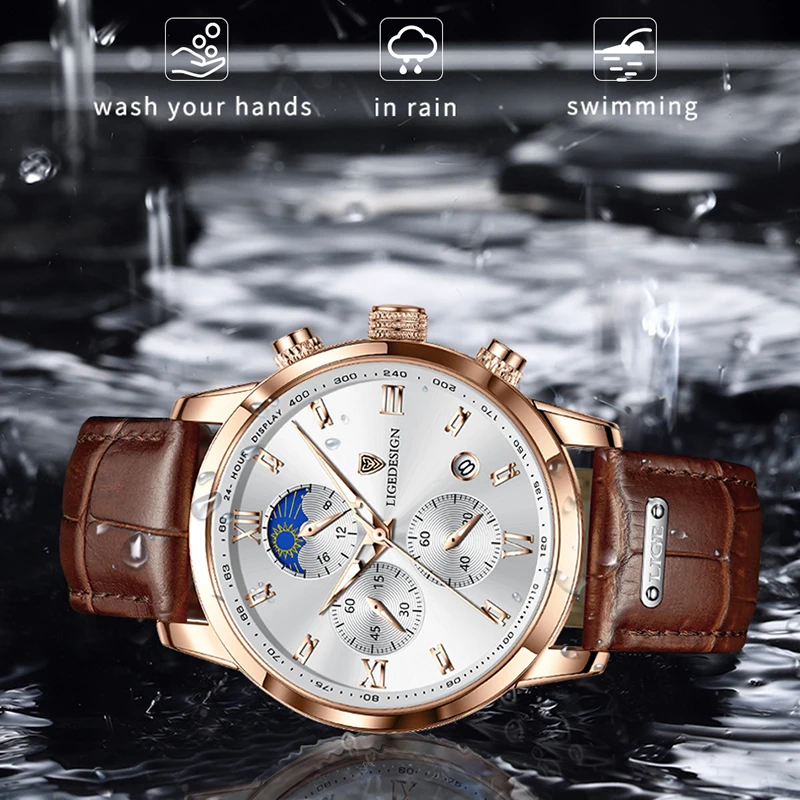 Часы наручные LIGE Мужские кварцевые спортивные брендовые Роскошные с кожаным