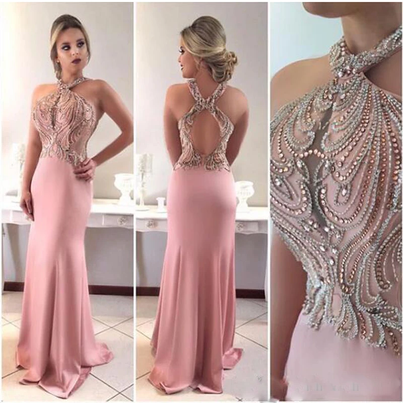 

2020 Sexy Pink Mermaid Prom Dresses Halter Keyhole Crystal Beaded Sleeveless Long Evening Dress Formal Gowns Robe de soiree
