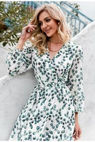 elegant green leaf print dress sexy spring long sleeve v neck ladies dress 2021 office wrap lace a shaped