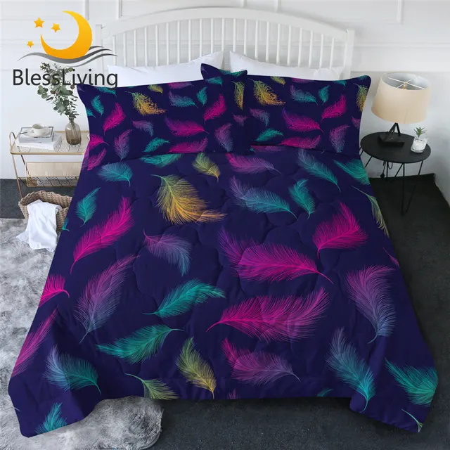 BlessLiving Feathers Thin Duvet Colorful Bedding Throw Purple Quilt With Pillowcases 3pcs Simple Summer Bedspreads mikrofibra 1