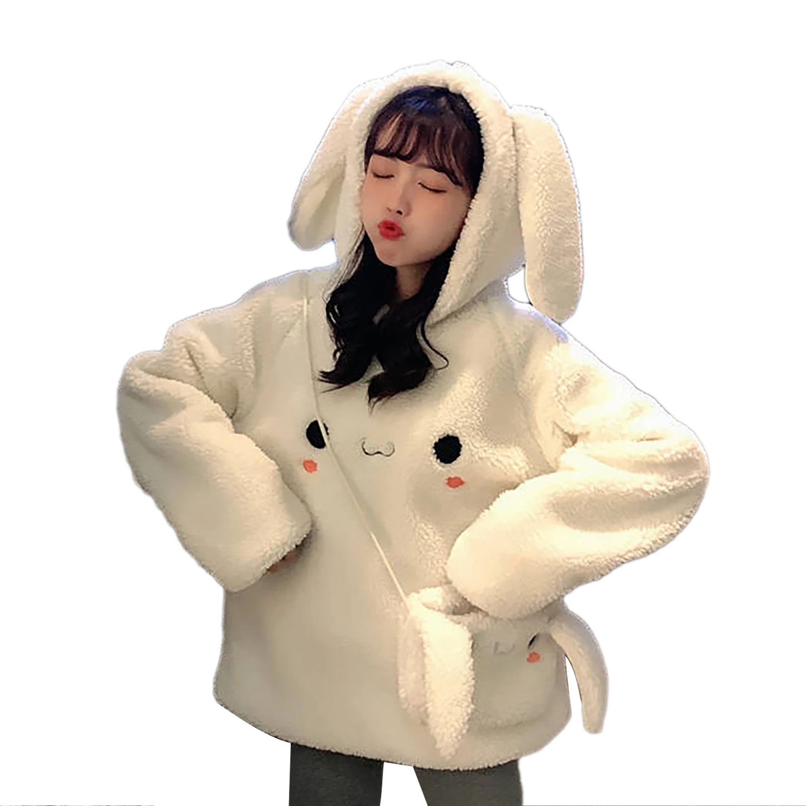 Women Autumn Winter Cute Ears Hoodie Faux Fleece Long Sleeve Sweatshirt with Bag