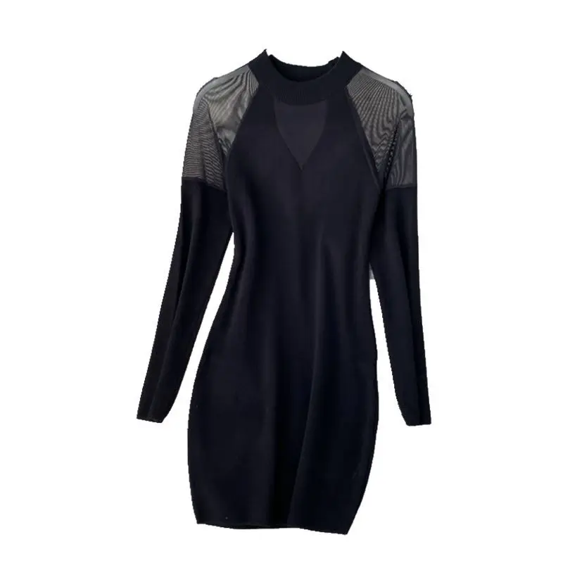Long Sleeve Women Dress 2020 Autumn Mesh Patchwork Knitted Boho Beach Dresses Female Casual Black Mini Party Vestido | Женская одежда