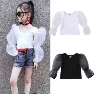 Toddler Kids Baby Girl Long Lace Puff Sleeve Shirts Summe Pullover Tops Outfits Black White