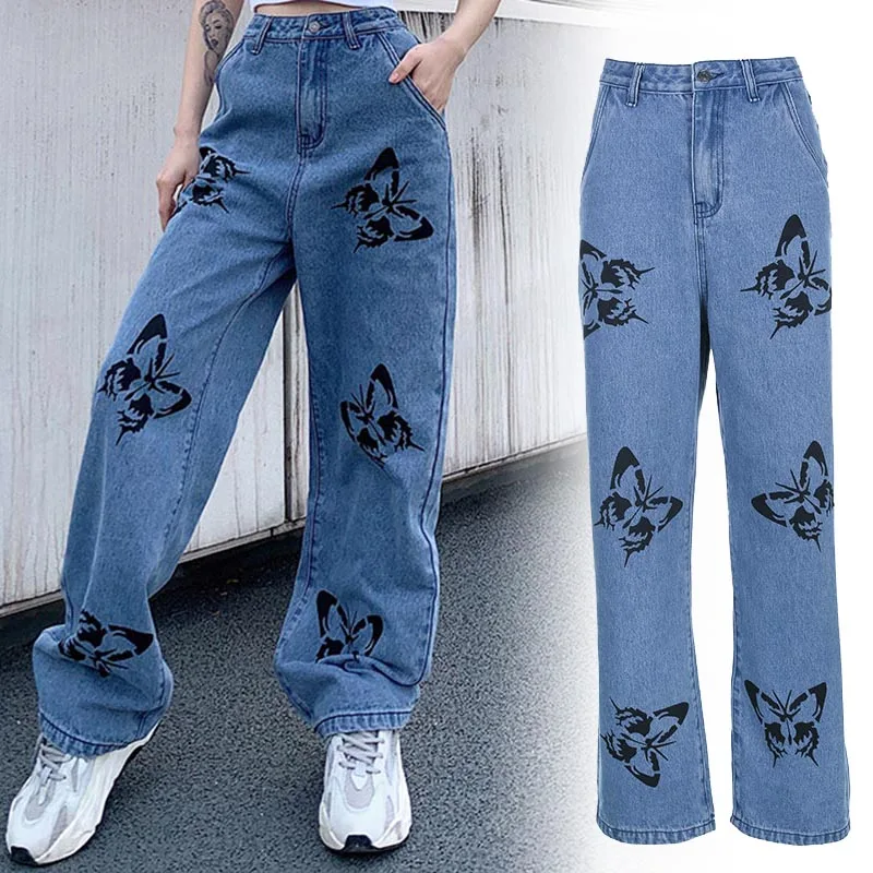 

New Summer Vintage Jeans Woman Long Trousers Cowboy Female Loose Streetwear Butterfly Print Pants