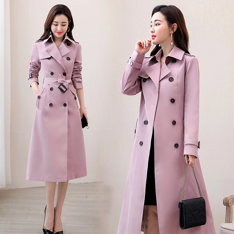 

New Women Khaki Blue Pink Over Knee Casual Coat With Double Breasted In Spring Or Autumn Female Outerwear Overcoat
