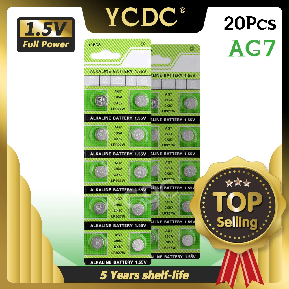 

20pcs/pack Fast Selling AG7 Alkaline Batteries G7 LR57 LR927 SR927W 395 Coin Button Cell 1.55V For Watch Toys Remote