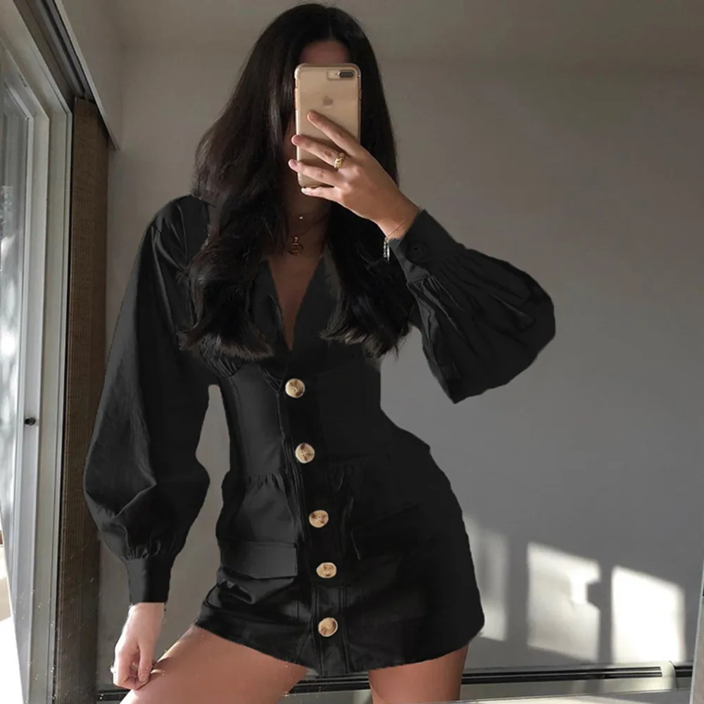 

YICIYA Autumn Winter V Neck Elegant Black Dress Women A Line Vintage Short Dresses Ladies Long Sleeve Mini Dress Office Buttons
