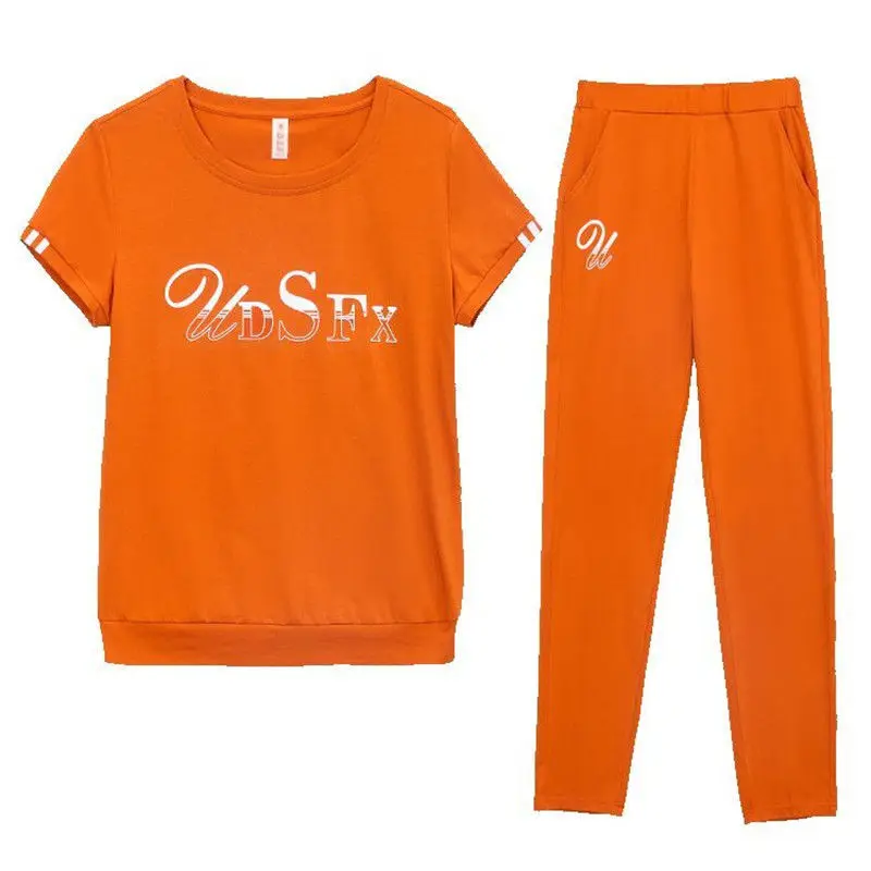 

Sports 2 Piece Set Spring Summer 2021 New Loose Fashion Short Sleeved Trousers Running Casual Two Piece Sets Women Orange Green