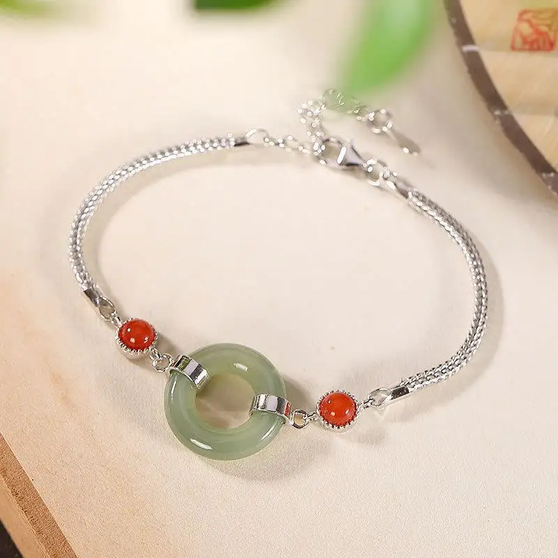 

Original S925 Sterling Silver Hetian Jade Gray Jade White Jade Natural Jade Simple Peace Buckle Temperament Women's Bracelet Bra