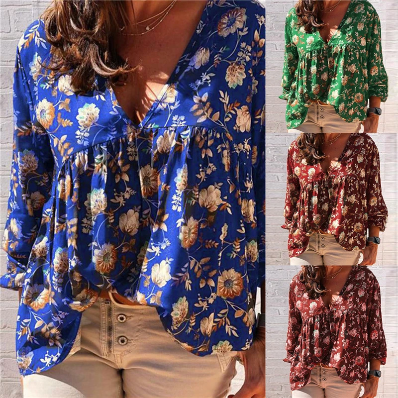 Пляжные Стиль женская футболка модные Цветочный принт с v-образным вырезом