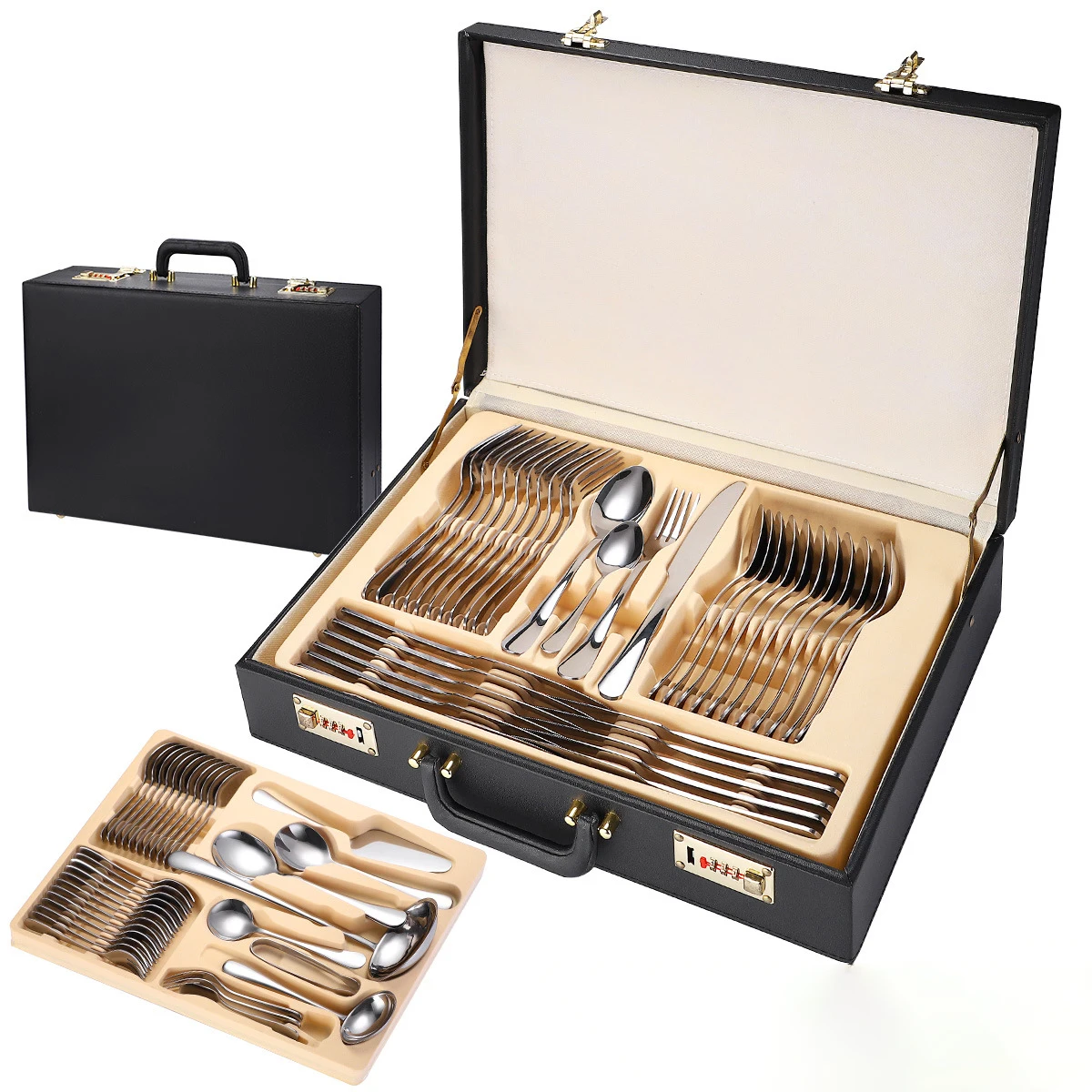 

Full Tableware 72 Pieces Set Leather Gift Box Stainless Steel Knife Fork Spoon Dinnerware Set Zero Waste Table Cutlery Gift