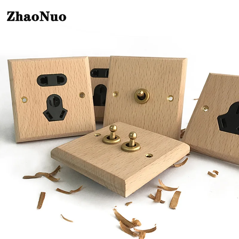 

1-4 Gang 2 Way 86 Type Wall Light Toggle Switch Simple Style Beech Wood Panel Brass Lever Switch Socket