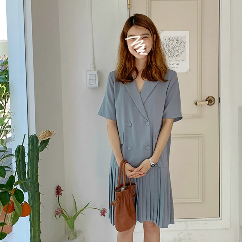 

Women Summer Korean Blue Blazer Pleated Dress Female Loose Plus Size Double Breasted Vestidos Robe Femme Vestiti Donna Sukienki