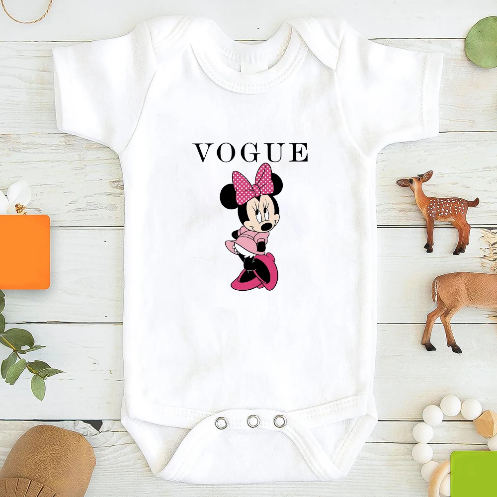 

New Fashion Cool VOGUE Minnie Mouse Print Girl Baby Onesie White Summer Aesthetic Casual Harajuku Toddler Romper Tops