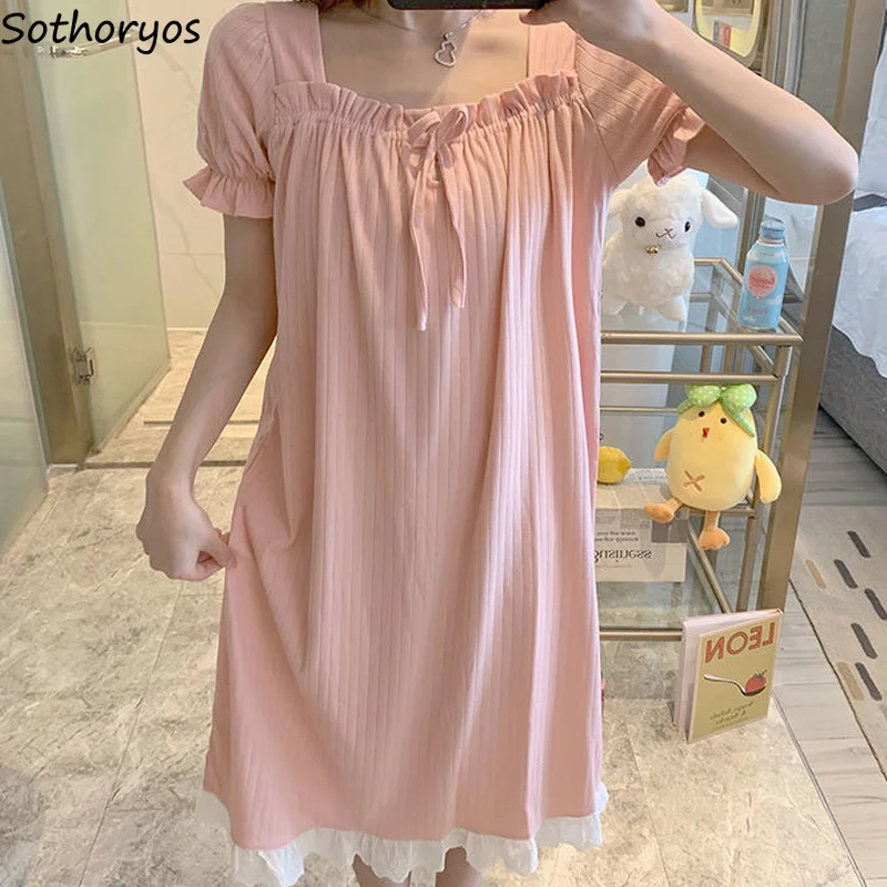 

Women Nightgowns Short Sleeve Ruffles Patchwork Sweet Bow Students Lovely Trendy Cozy Folds Retro Square Collar Sleepwear Soft