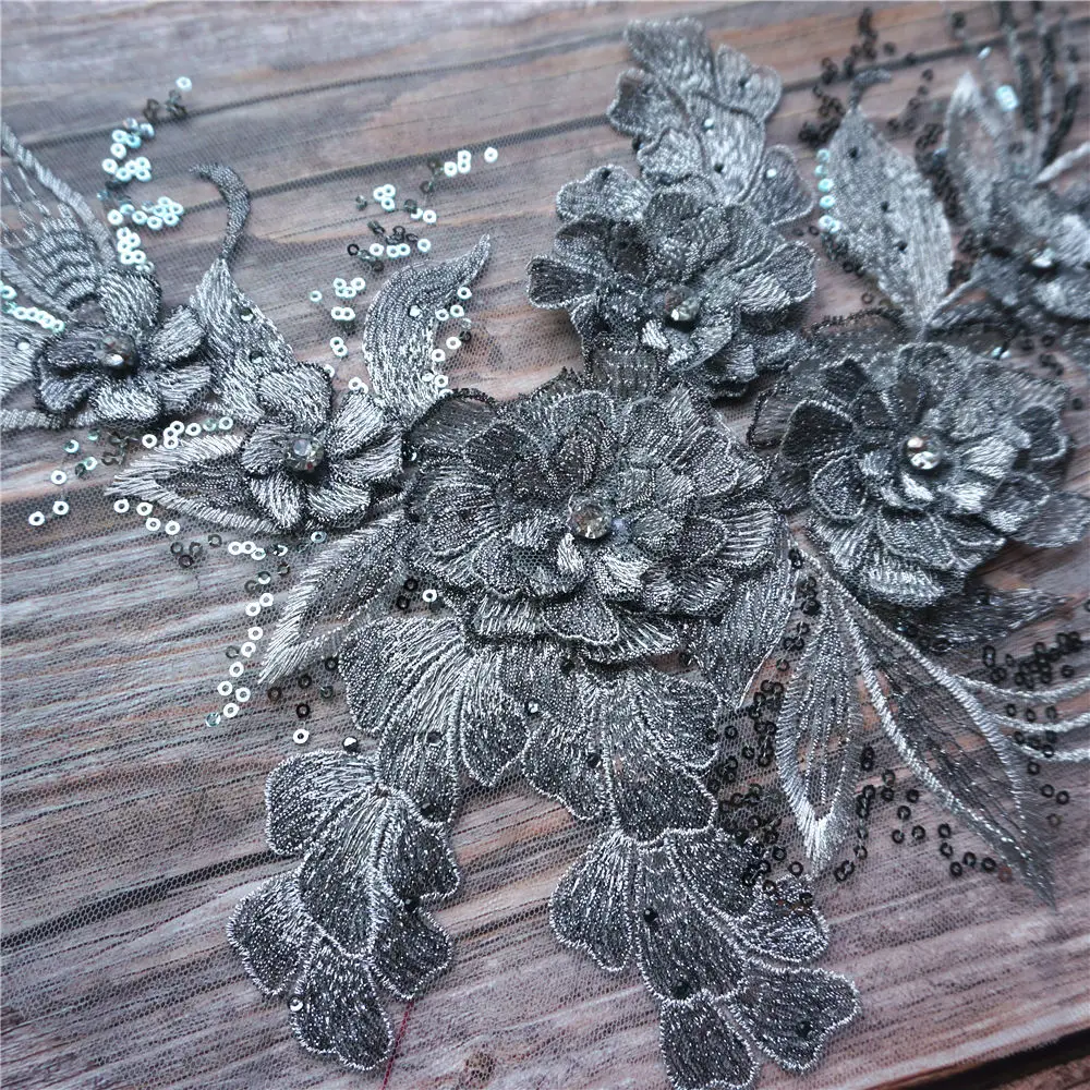 Серый 3D цветок ткань из листового Кружева Блестящие Стразы вышитая одежда