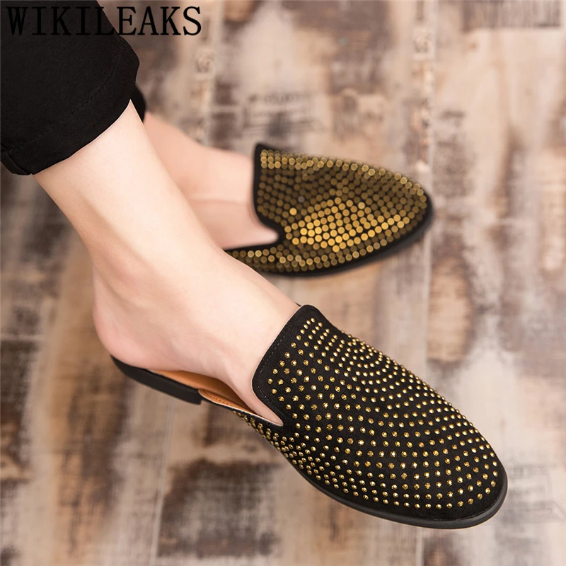 Mules Suede Shoes Men Black Half For Rhinestone Mens Casual Hot Sale Sepatu Slip On Pria Heren Schoenen | Обувь