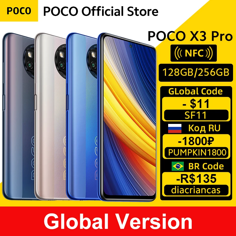  POCO X3 Pro, 128 ГБ/256 ГБ, Snapdragon 860, NFC, 6,67 дюйма, 120 Гц, 5160 мАч, 33 Вт, зарядка, четыре камеры 