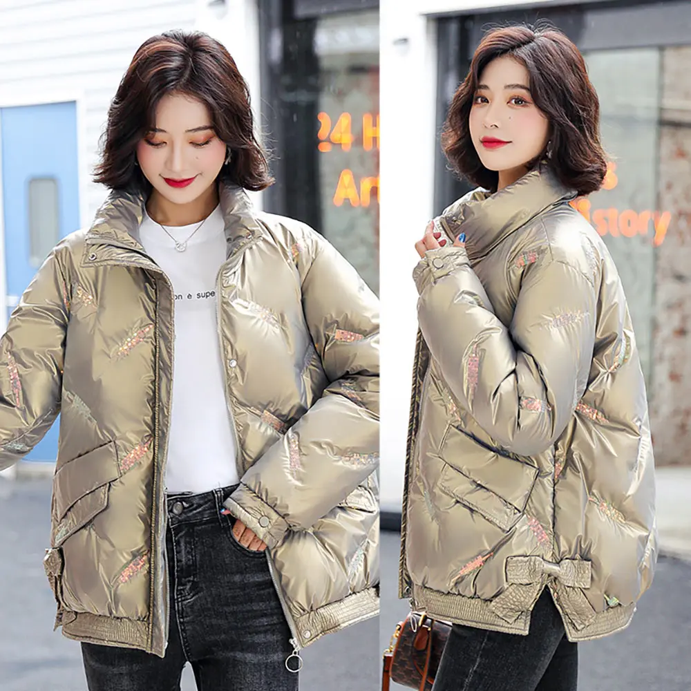 Vielleicht New Fashion Female Winter Windproof Jacket Casual Stand Collar Glossy Sequins Women Winter Parkas Short Coat Outwear
