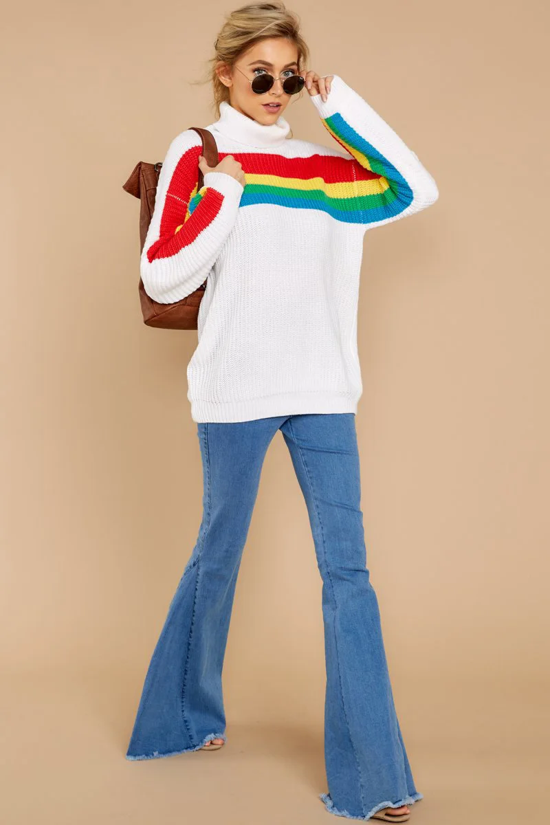Fitshinling Rainbow Striped Women's Turtleneck Sweaters Winter Clothing White Pullover Korean Slim Jumper Knitted Sweater Sale | Женская