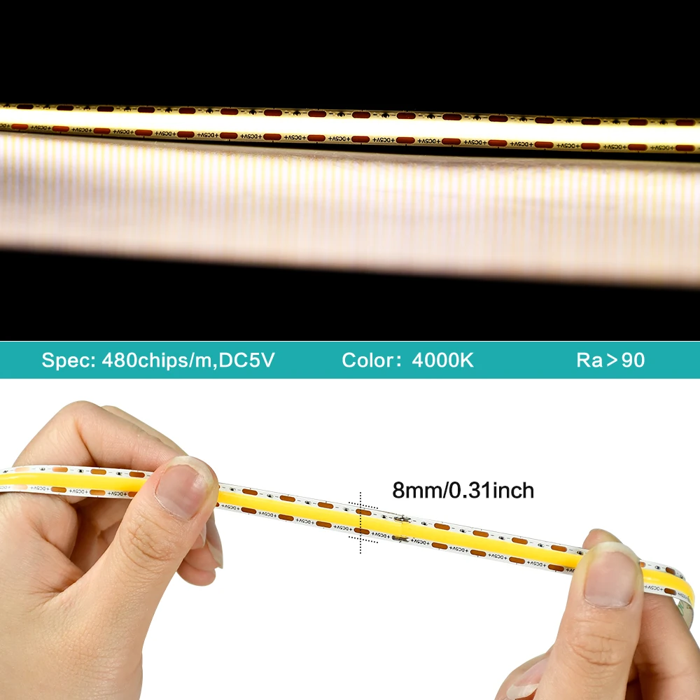 

5V 4000K LED Strip Light 2M 960Chips High Density Flexible FOB COB Led Lights With USB Interface for Bedroom Cloakroom Kitchen