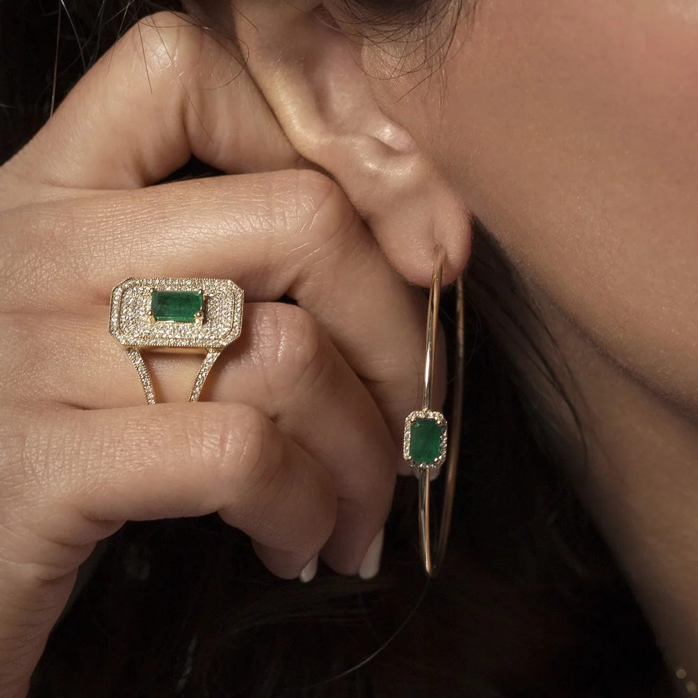

Gold color green baguette cz hoop earring big round circle hoop trendy fashion women jewelry