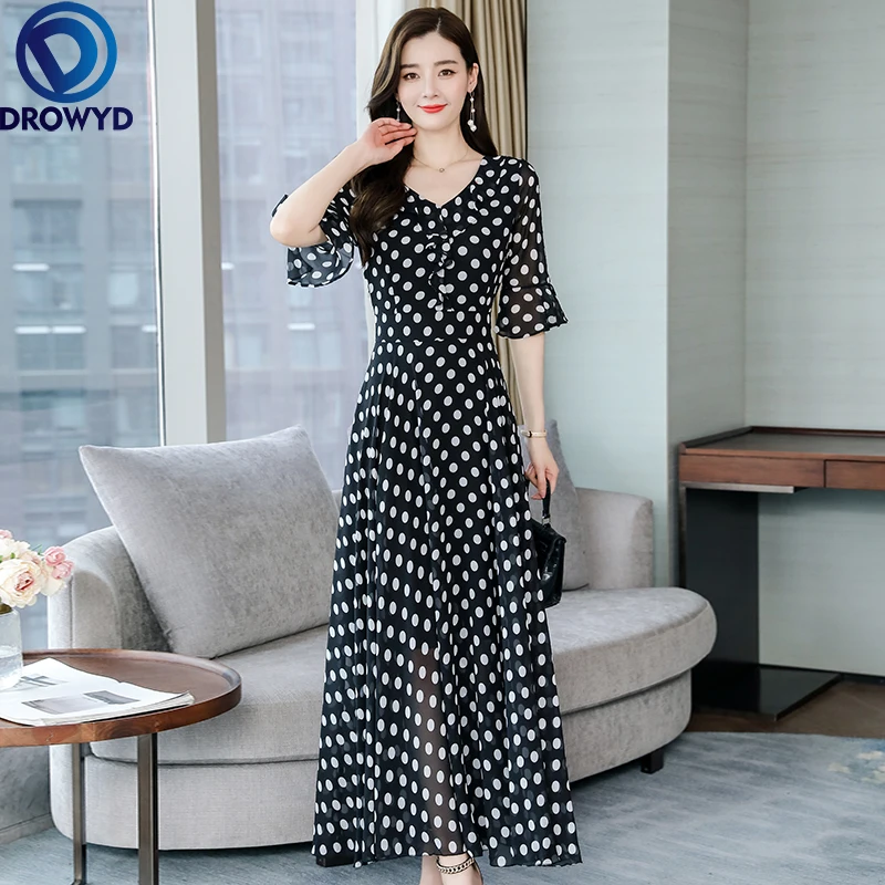 

2021 High Quality Red Dot Print V-neck Chiffon Maxi Dress Summer Vintage Chic Midi Sundress Women Elegant Bodycon Party Vestidos