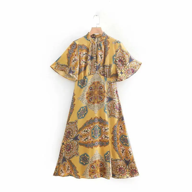 

Womens Printed Bow Tie Collar Summer Beach Ladies Loose Short Sleeve Vintage Luxury Brand 2020 High Waist Steetwear Dress