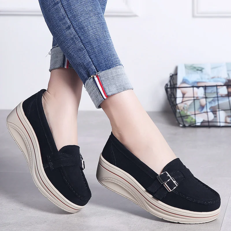 

Fashion Platform Mid-heel Genuine Leather Casual Shoes Women Spring Slip-on Flatform Mother Loafers Ladies Non-slip Walking Shoe