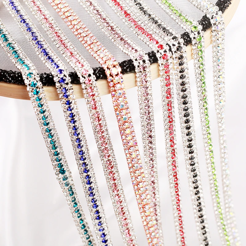 1 ярд 3 ряда серебряная основа цветные стразы цепочка для стакана стеклянная