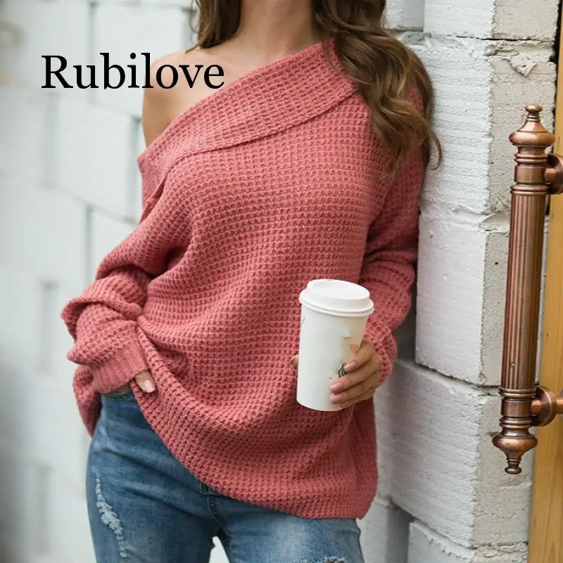 

Rubilove 2019 осень зима сплошной цвет Повседневный женский свитер сексуальный с вырезом лодочкой свободный 5 цветов свитер одежда на одно плечо
