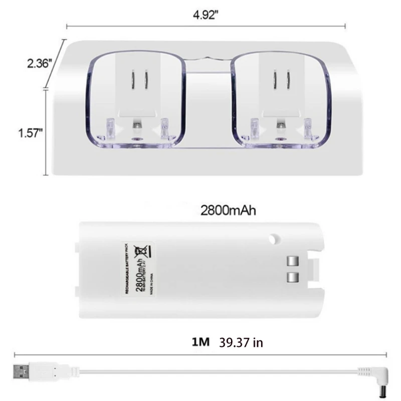 

R58A Two-in-one White Dual Charging Station Suitable for Wii Controller with Two 2800MAH Rechargeable Batteries Safe