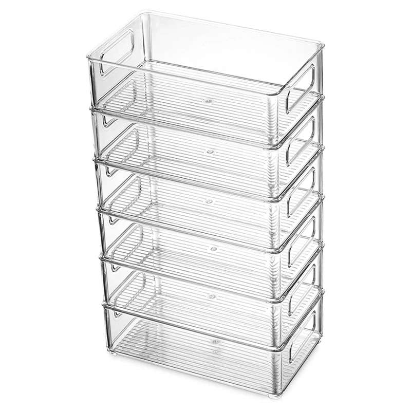 

6Pcs Refrigerator Organizer Bins Stackable Fridge Organizers with Cutout Handles Clear Plastic Pantry Food Storage Rack