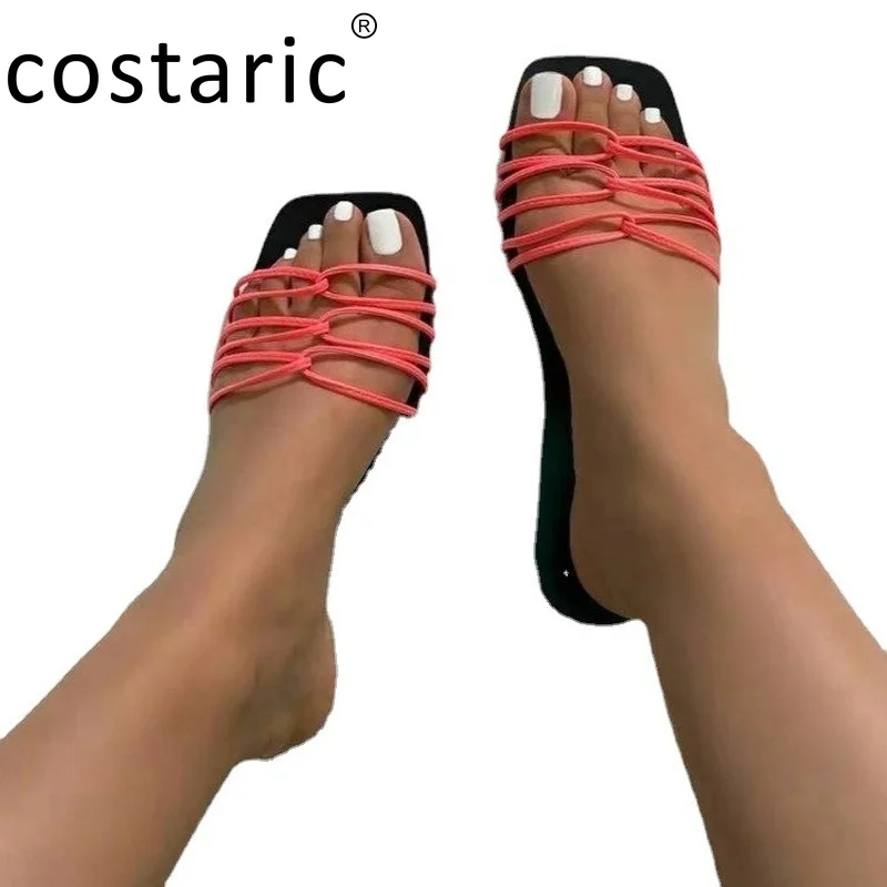 

Square Toe Narrow Band Women Slippers Fashion Outdoor Light Elegant Sandals Women Summer Sexy Solid Color Flat Cross Slides 2021