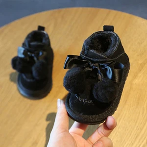 Черный Claladoudou 12-14cm Brand Genuine Leather baby snow boots khaki black gray cute pompom bow tie princess dress shoes for winter - Цвет: Черный