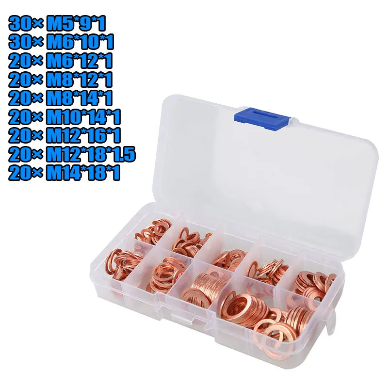 

200 Pcs Car Copper Washer Flat Ring Seal Kit Oil Seal Sheet Gasket Garage Engine Washer Auto Repair Tools M5 M6 M8 M10 M12 M14