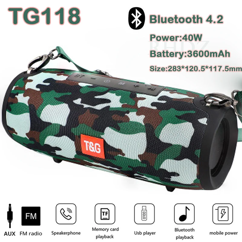 Портативный динамик Bluetooth TG118 высокой мощности 40 Вт портативный стереозвук с FM