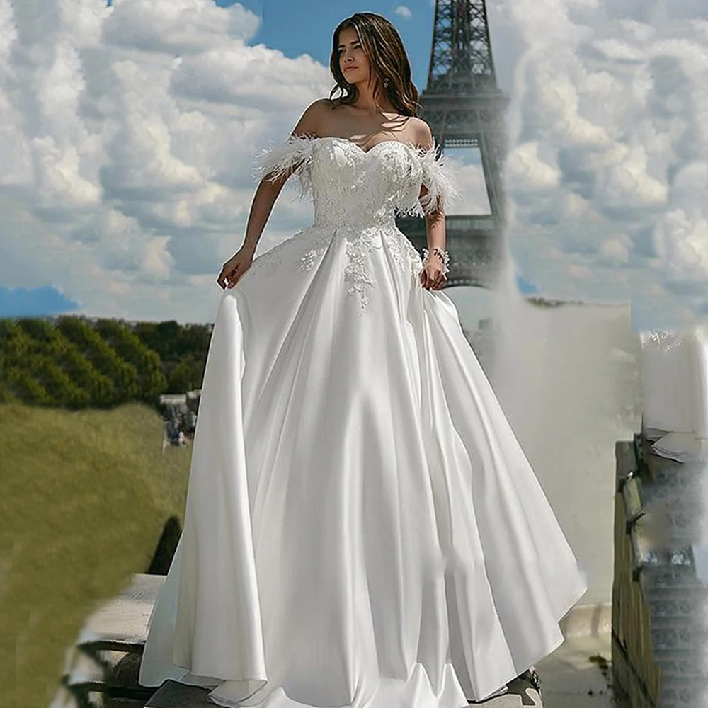

A-Line Feather Wedding Dress Sweetheart Off-the-shoulder Lace Up Back Sweep Train 2021 Bride Gown Vestido De Noiva
