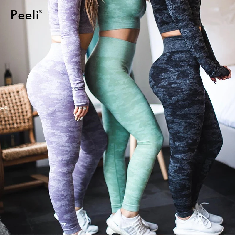 Женские легинсы для фитнеса Peeli камуфляжные бесшовные с высокой талией занятий