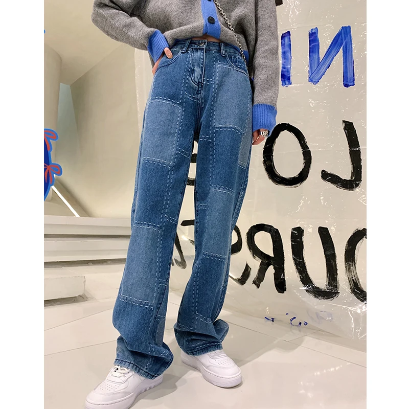 

Patch Designs Straight Jeans Women 2021 New High Waist Loose Denim Trousers Fashion Mopping Wide Leg Pants Trend