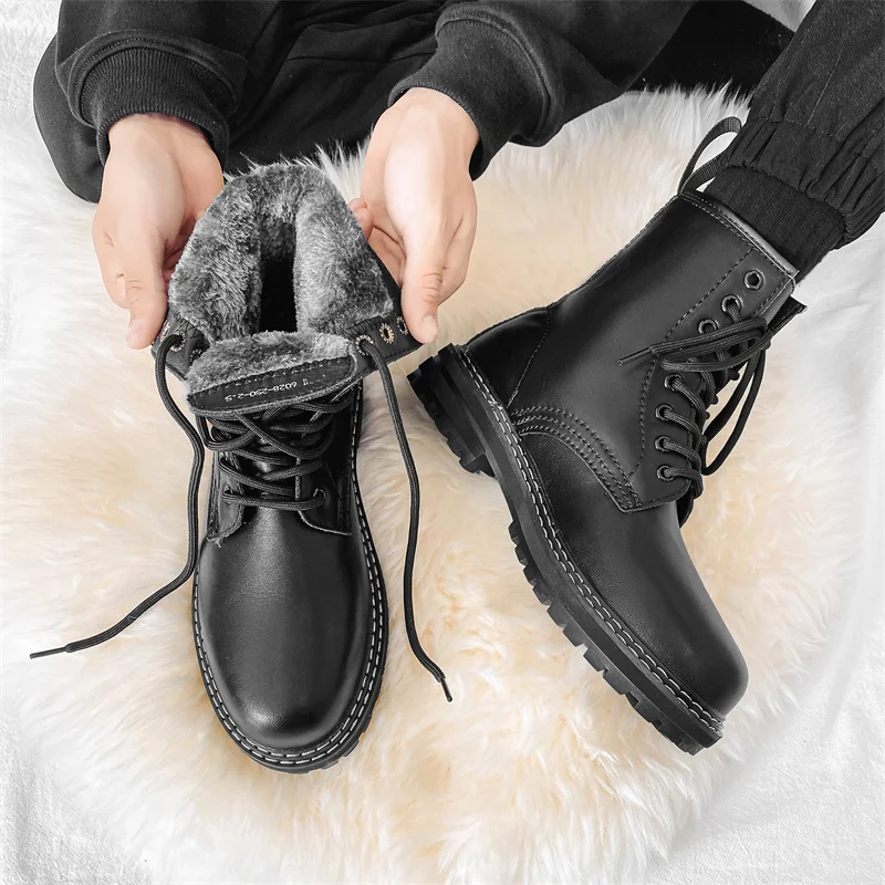 

Plush Men Natural Leather Shoes High Top Fashion Winter Keep Warm Snow Motorcycle Black Derby 38-44 Fur Martin Boots